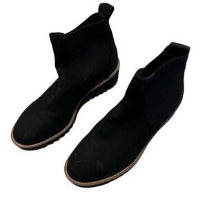 Eileen Fisher Lilou Nubuck Stretch Knit Black Ankle Boot 2” Wedge Chelsea 7.5